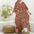 Gold And Red Thai Pattern Print Silk V-Neck Kaftan Dress