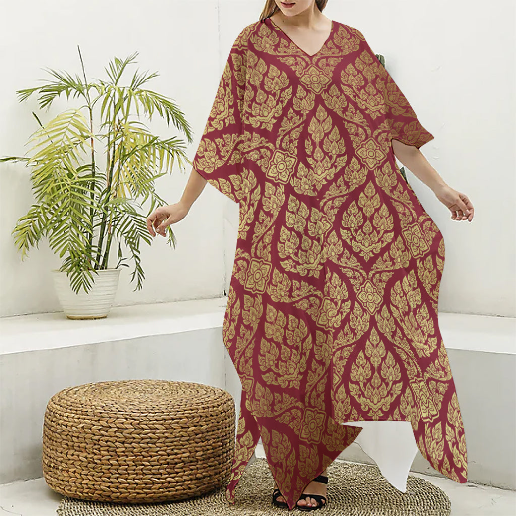 Gold And Red Thai Pattern Print Silk V-Neck Kaftan Dress