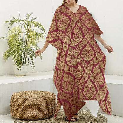 Gold And Red Thai Pattern Print Silk V-Neck Kaftan Dress