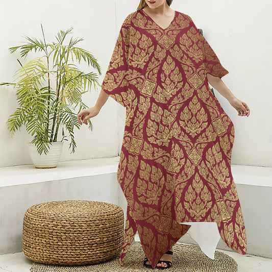 Gold And Red Thai Pattern Print Silk V-Neck Kaftan Dress