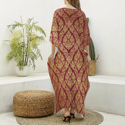 Gold And Red Thai Pattern Print Silk V-Neck Kaftan Dress