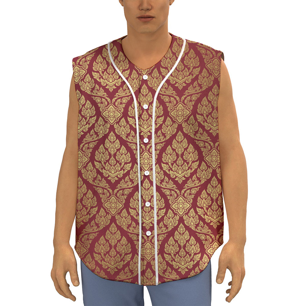 Gold And Red Thai Pattern Print Sleeveless Baseball Jersey