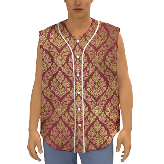 Gold And Red Thai Pattern Print Sleeveless Baseball Jersey