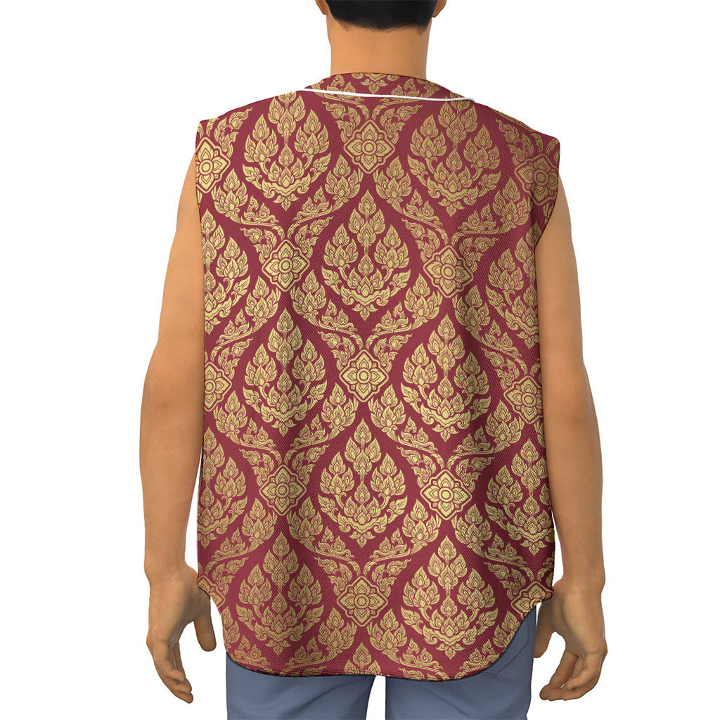 Gold And Red Thai Pattern Print Sleeveless Baseball Jersey