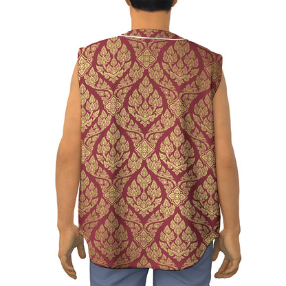 Gold And Red Thai Pattern Print Sleeveless Baseball Jersey