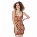 Gold And Red Thai Pattern Print Sleeveless Bodycon Dress