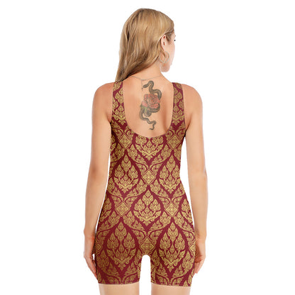Gold And Red Thai Pattern Print Sleeveless One Piece Swimsuit