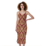 Gold And Red Thai Pattern Print Slim Fit Midi Cami Dress