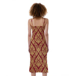 Gold And Red Thai Pattern Print Slim Fit Midi Cami Dress