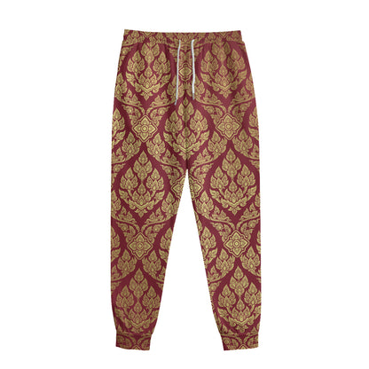 Gold And Red Thai Pattern Print Sweatpants