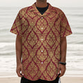 Gold And Red Thai Pattern Print Textured Short Sleeve Shirt