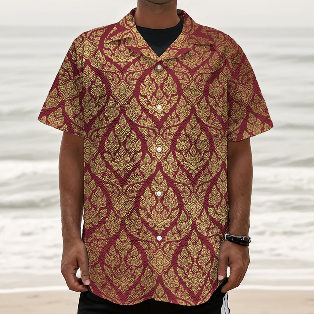Gold And Red Thai Pattern Print Textured Short Sleeve Shirt
