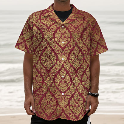 Gold And Red Thai Pattern Print Textured Short Sleeve Shirt