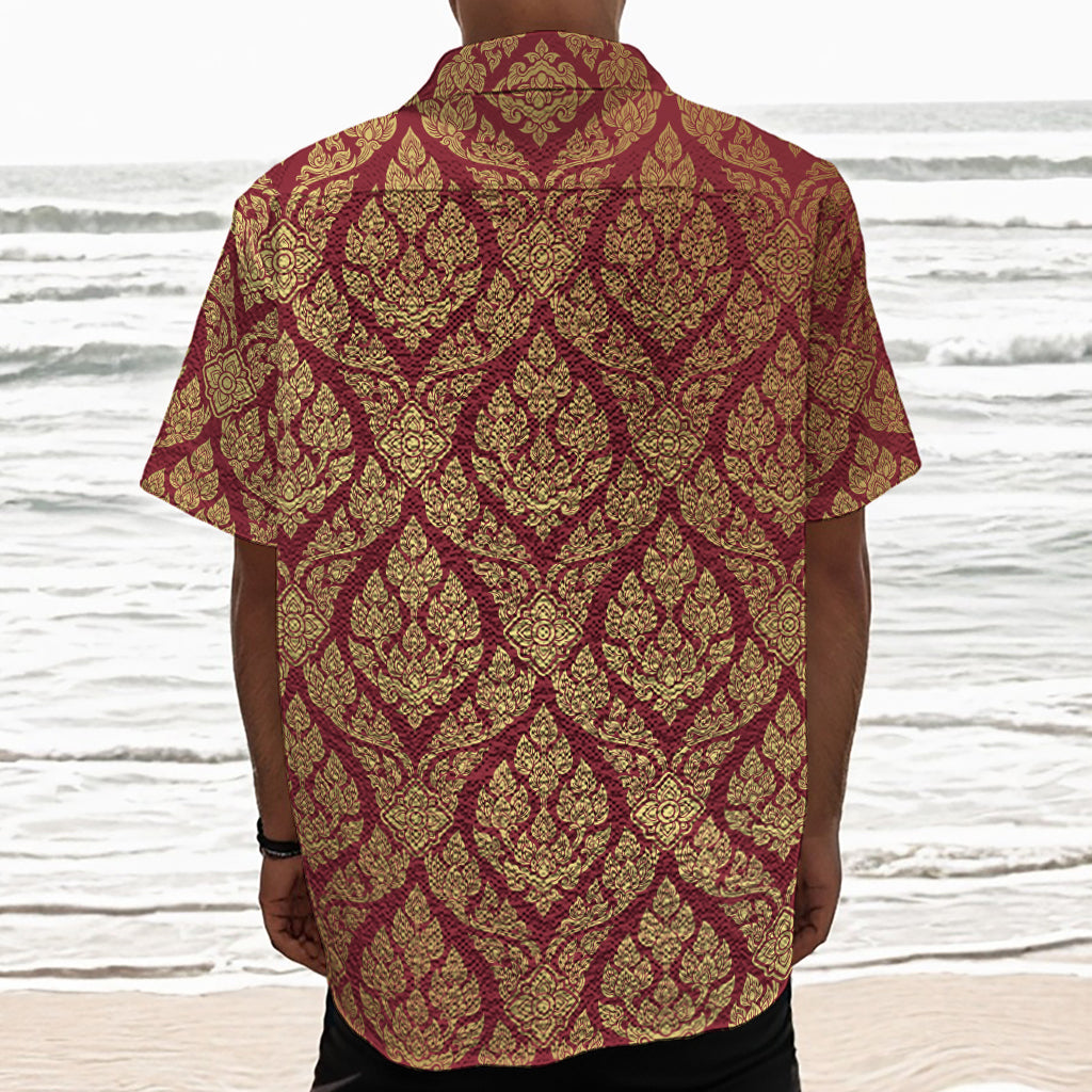 Gold And Red Thai Pattern Print Textured Short Sleeve Shirt
