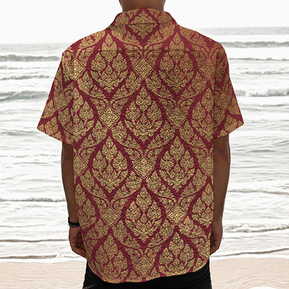 Gold And Red Thai Pattern Print Textured Short Sleeve Shirt