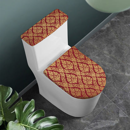 Gold And Red Thai Pattern Print Toilet Lid And Tank Cover Set
