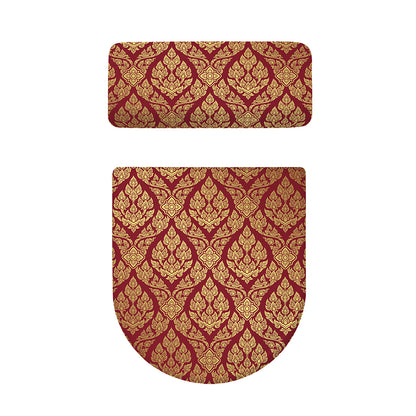 Gold And Red Thai Pattern Print Toilet Lid And Tank Cover Set