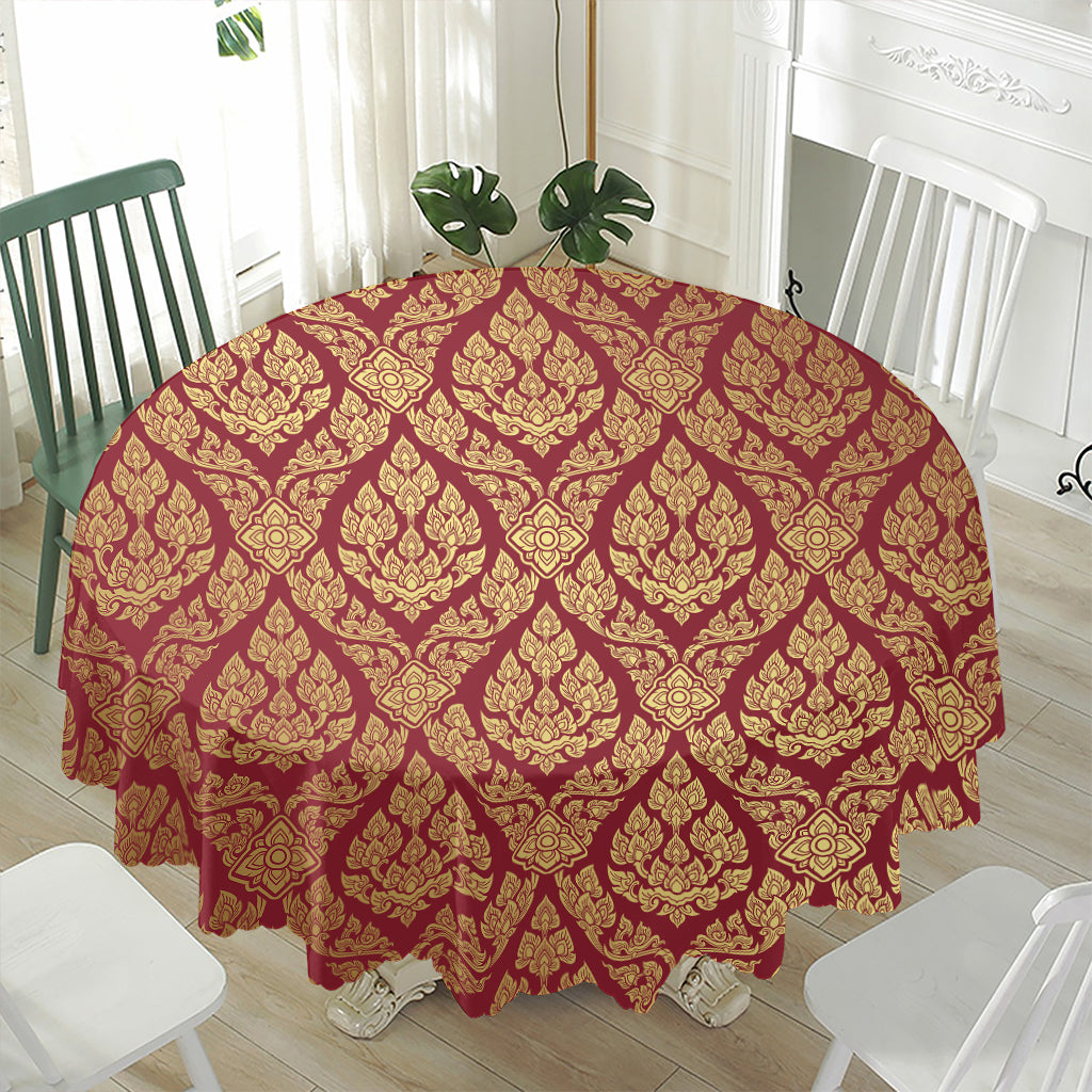 Gold And Red Thai Pattern Print Waterproof Round Tablecloth
