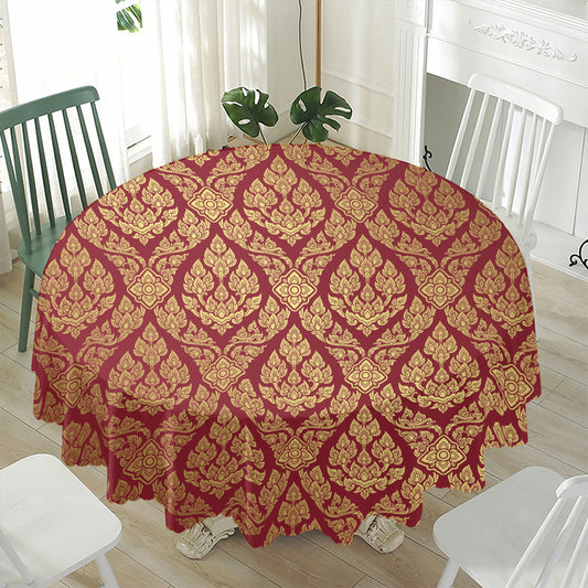 Gold And Red Thai Pattern Print Waterproof Round Tablecloth