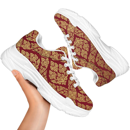 Gold And Red Thai Pattern Print White Chunky Shoes