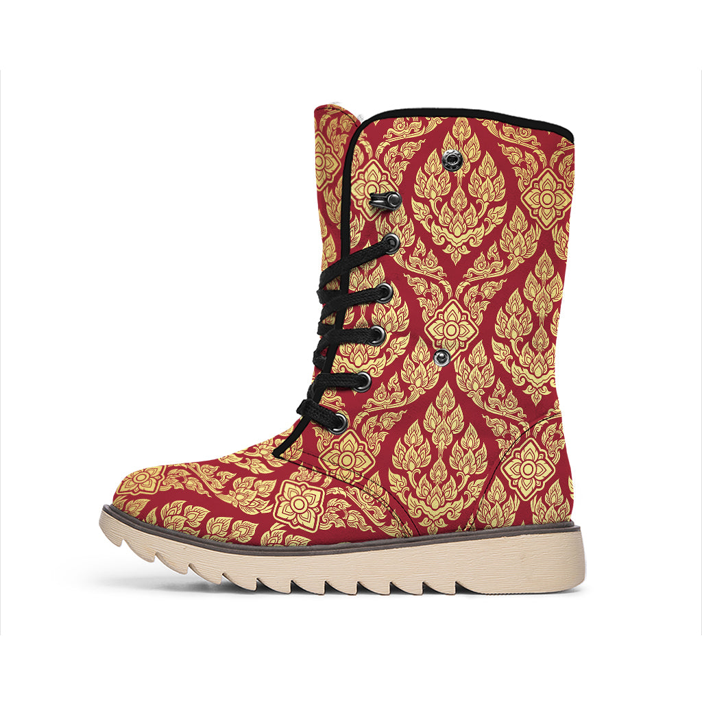 Gold And Red Thai Pattern Print Winter Boots