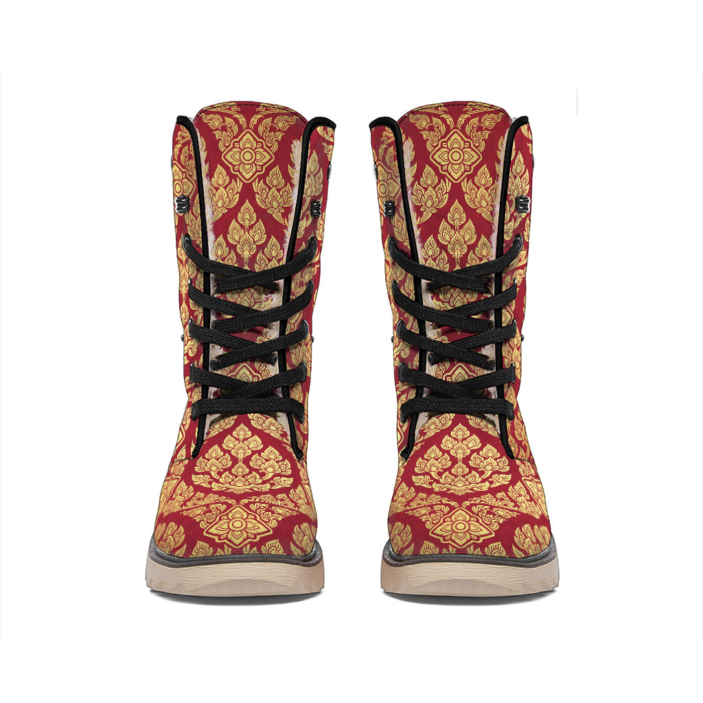 Gold And Red Thai Pattern Print Winter Boots