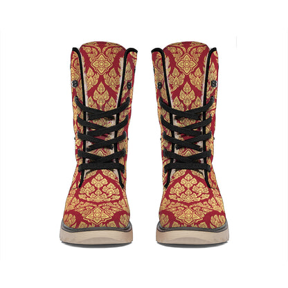 Gold And Red Thai Pattern Print Winter Boots
