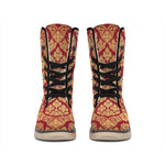 Gold And Red Thai Pattern Print Winter Boots