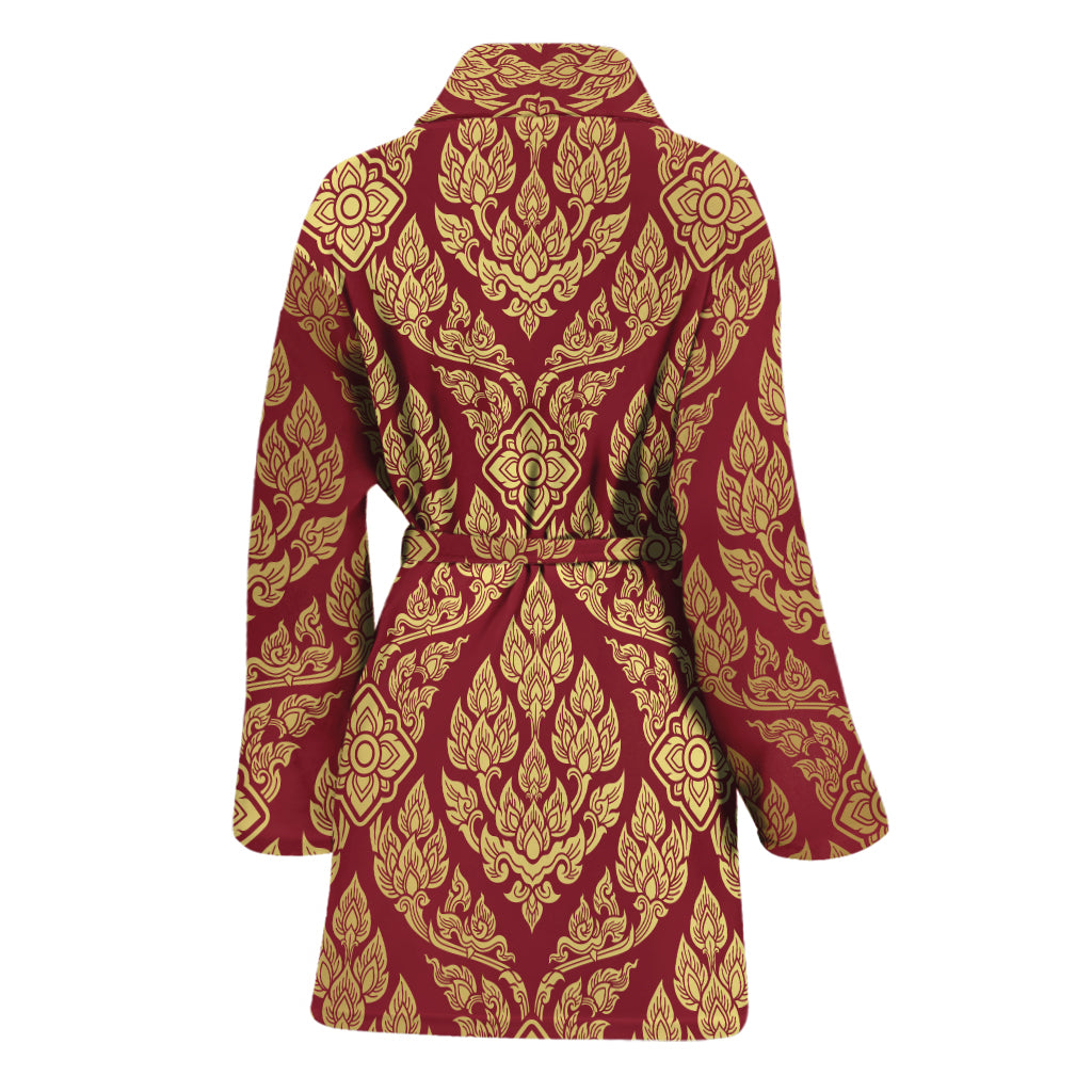 Gold And Red Thai Pattern Print Women's Bathrobe