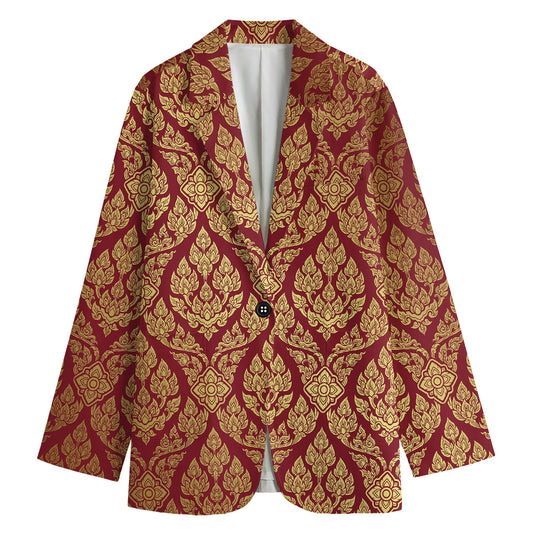 Gold And Red Thai Pattern Print Women's Blazer