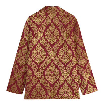 Gold And Red Thai Pattern Print Women's Blazer