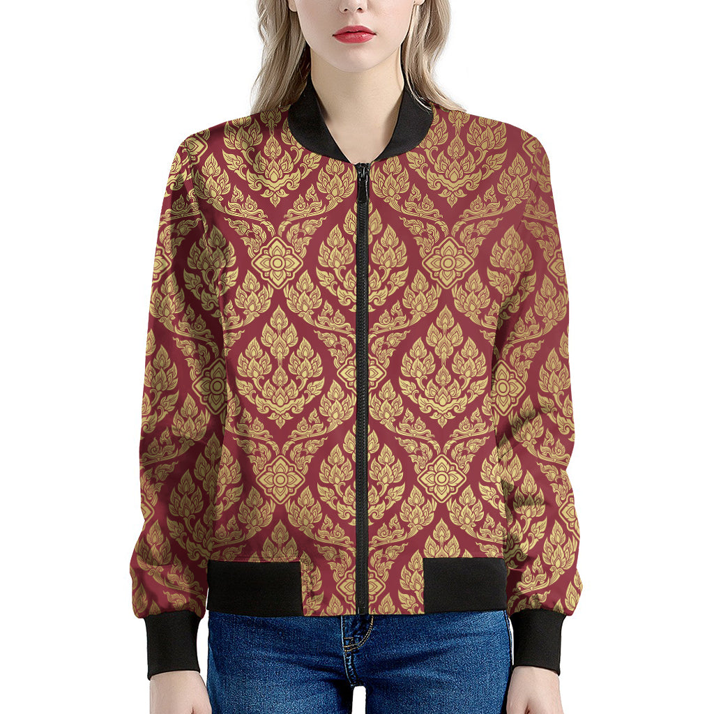 Gold And Red Thai Pattern Print Women's Bomber Jacket
