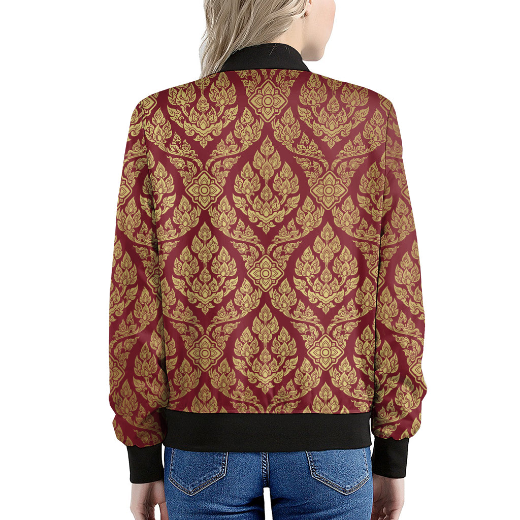 Gold And Red Thai Pattern Print Women's Bomber Jacket