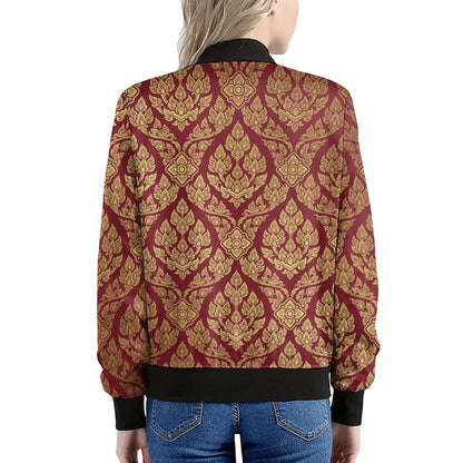 Gold And Red Thai Pattern Print Women's Bomber Jacket