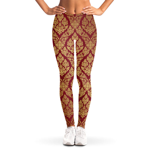 Gold And Red Thai Pattern Print Women's Leggings