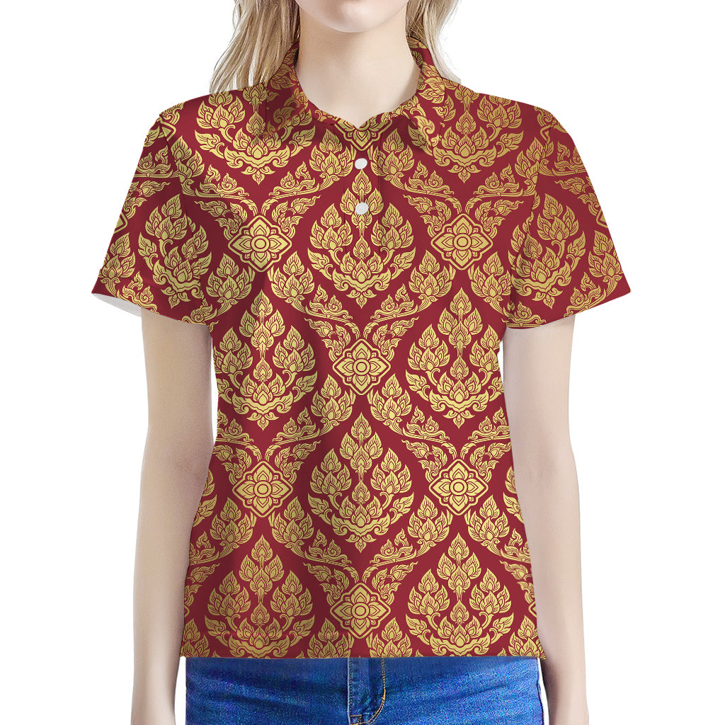 Gold And Red Thai Pattern Print Women's Polo Shirt