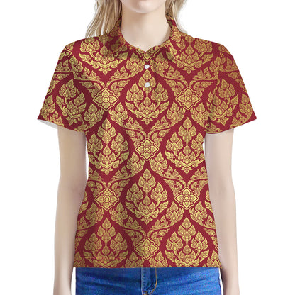 Gold And Red Thai Pattern Print Women's Polo Shirt