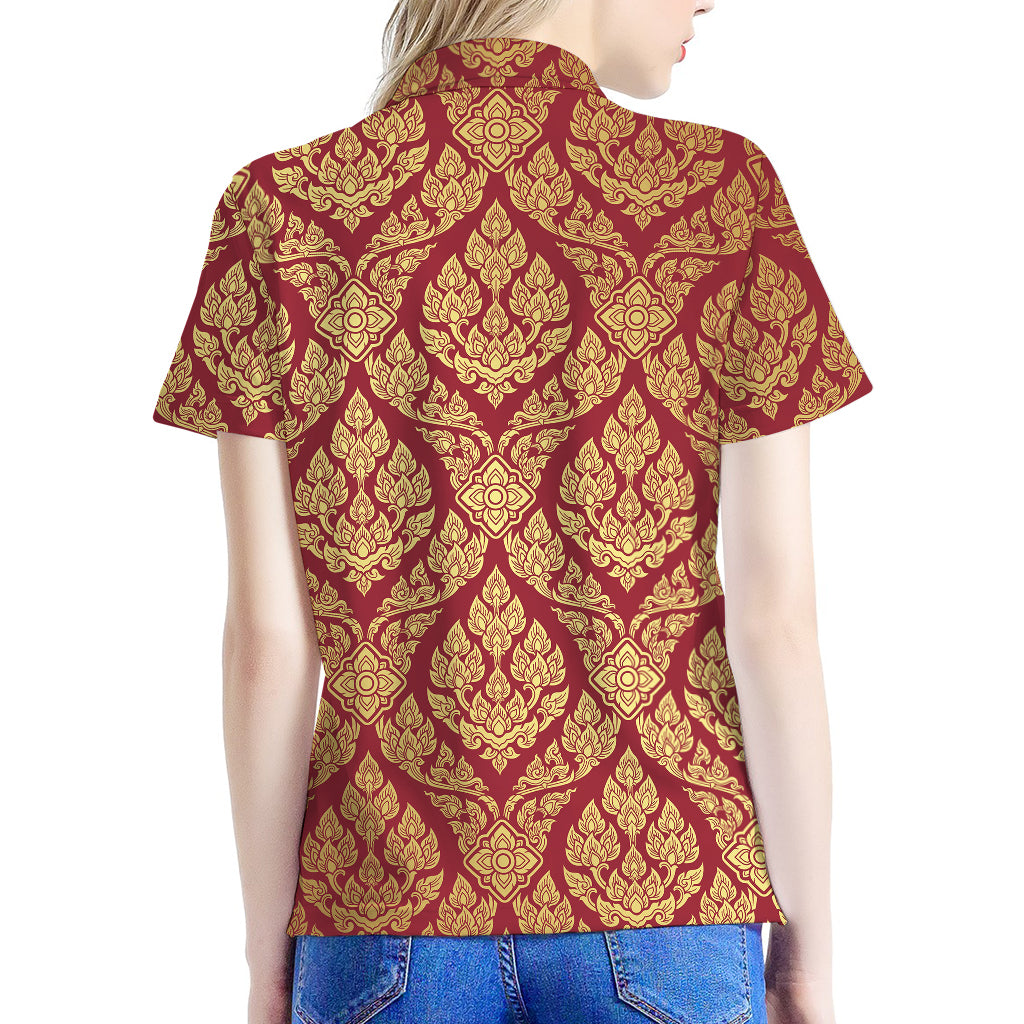 Gold And Red Thai Pattern Print Women's Polo Shirt