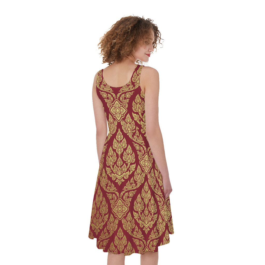Gold And Red Thai Pattern Print Women's Sleeveless Dress