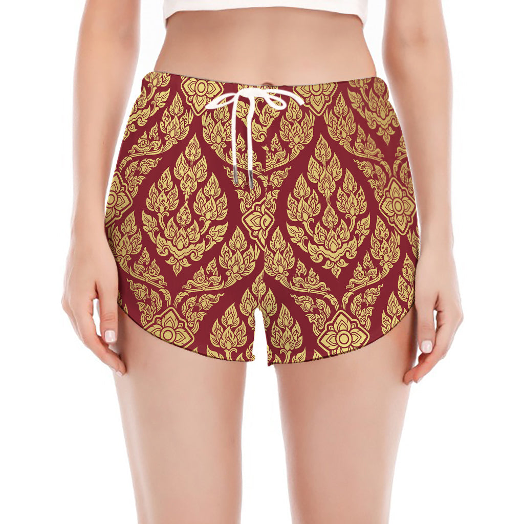 Gold And Red Thai Pattern Print Women's Split Running Shorts