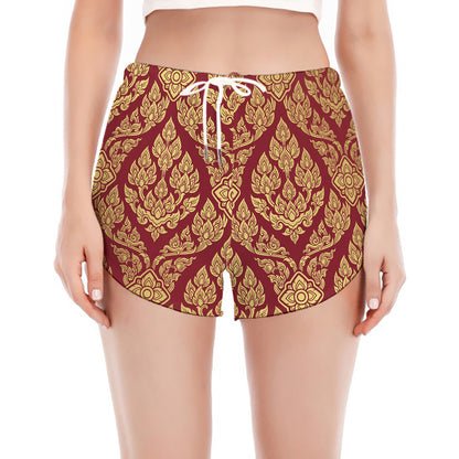 Gold And Red Thai Pattern Print Women's Split Running Shorts