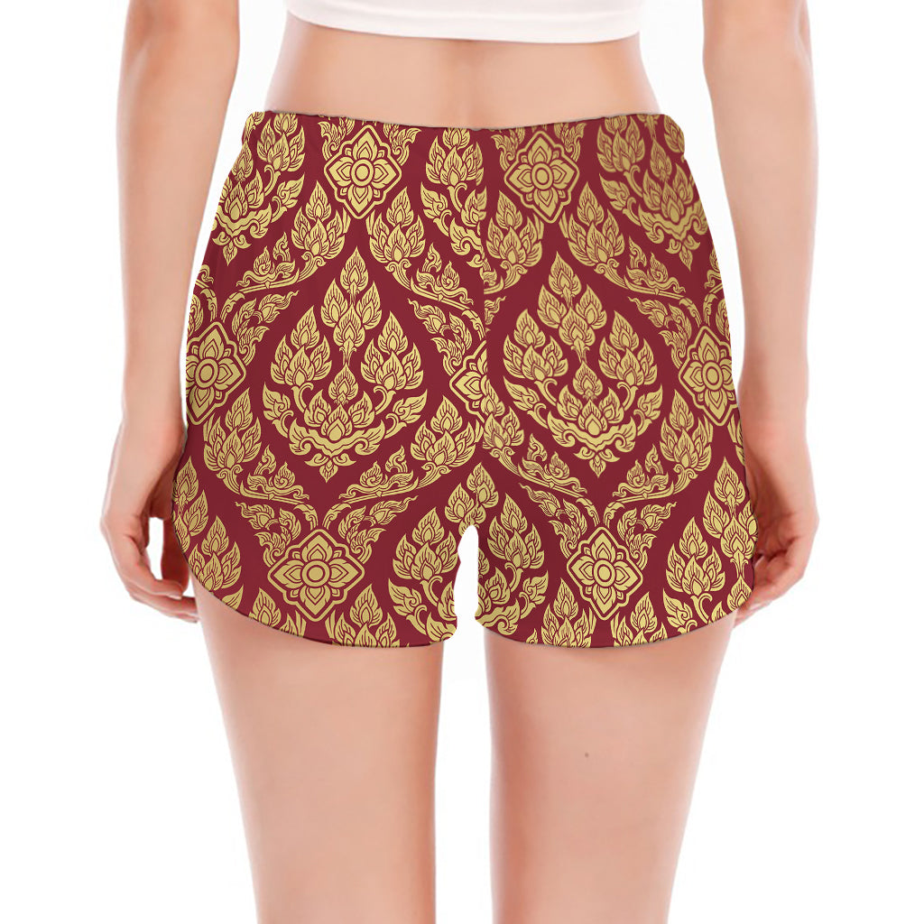 Gold And Red Thai Pattern Print Women's Split Running Shorts