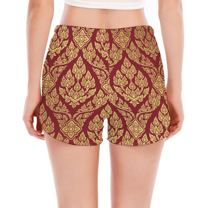 Gold And Red Thai Pattern Print Women's Split Running Shorts