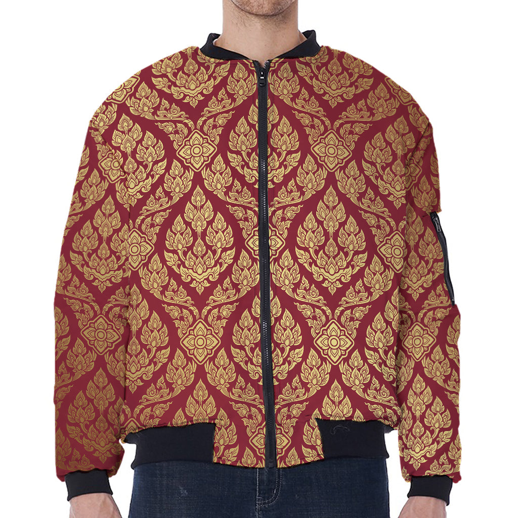 Gold And Red Thai Pattern Print Zip Sleeve Bomber Jacket