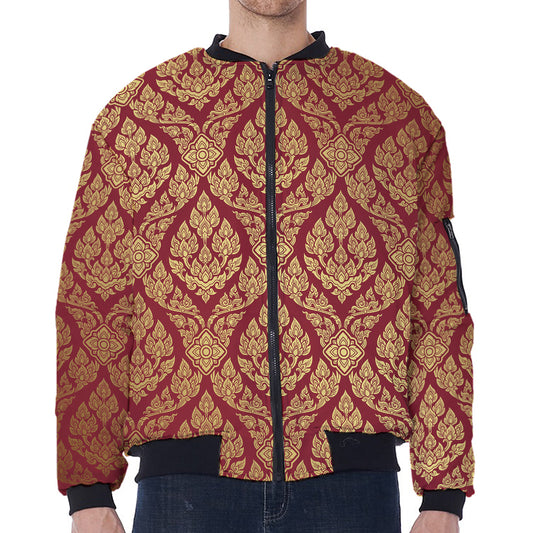 Gold And Red Thai Pattern Print Zip Sleeve Bomber Jacket