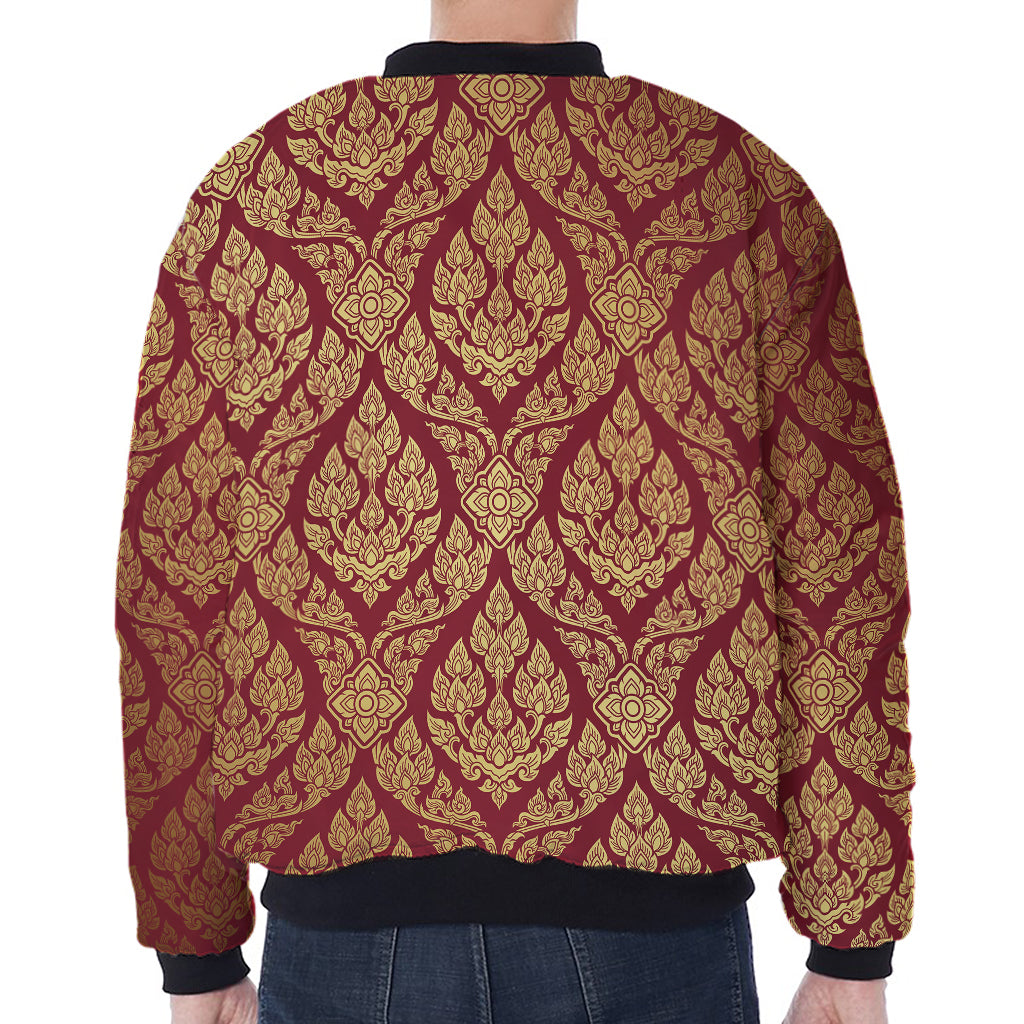 Gold And Red Thai Pattern Print Zip Sleeve Bomber Jacket