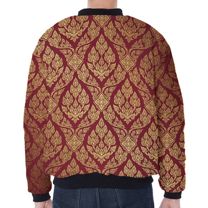 Gold And Red Thai Pattern Print Zip Sleeve Bomber Jacket