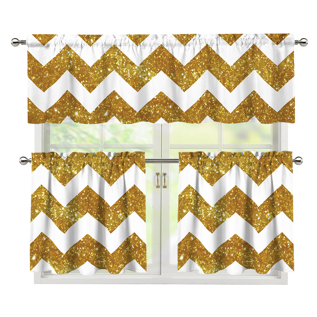 Gold And White Chevron Pattern Print 3 Piece Kitchen Curtains