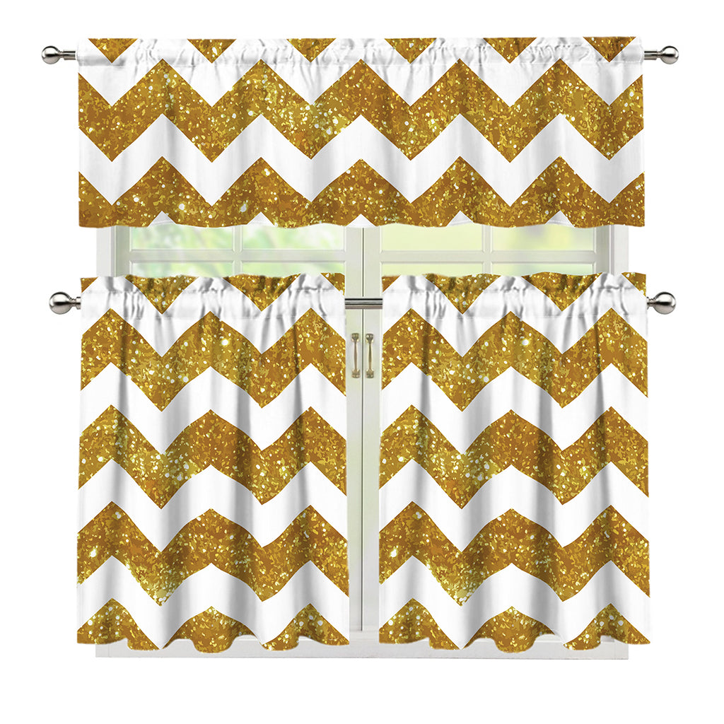 Gold And White Chevron Pattern Print 3 Piece Kitchen Curtains