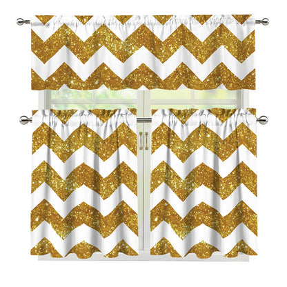 Gold And White Chevron Pattern Print 3 Piece Kitchen Curtains